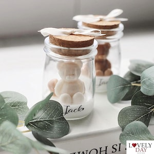 Vela de vidro personalizada feita à mão com aroma orgânico de urso de pelúcia de soja para batismo, batizado, chá de bebê, lembrancinhas para convidados