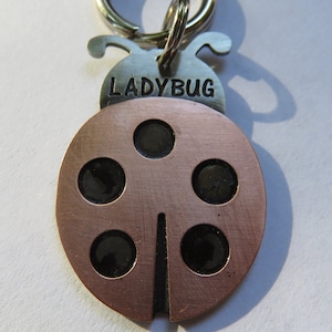 Op de afbeelding: Een koperkleurige lieveheersbeestje-bedel met zwarte stippen en een zilveren ring. De bedel heeft het woord "LADYBUG" gegraveerd op de bovenkant.