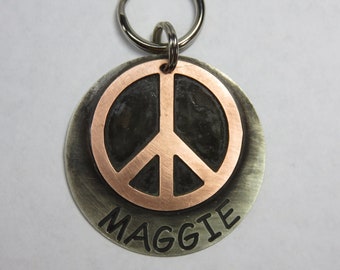 Peace Sign Dog Tag Pet Id-Retro 60's Hippie Dog Tag- Handcrafted Copper And Nickel- Multi Layered Custom Engraved-Peace Dog Tag-Personalized