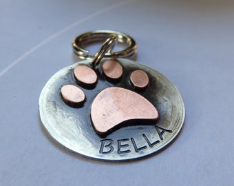 Handcrafted Copper Paw Print Dog Tag: Personalized Pet ID