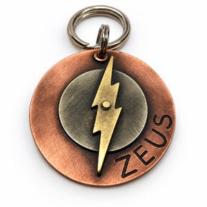 Op de afbeelding: Een ronde koperkleurige metalen naamplaatje voor huisdieren met een cirkelvormige inleg van geborsteld messing en een centraal bliksemschicht-embleem. De naam ZEUS is in zwarte hoofdletters gegraveerd op de rechterkant van de koperen schijf.