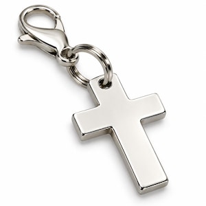 May include: A polished silver-tone metal cross charm featuring a smooth, reflective surface. The cross is attached to a circular jump ring, which connects to a functional lobster claw clasp, allowing for easy attachment to various jewelry items.