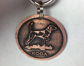 Etched Hunting Dog ID Tag: Custom Copper or Brass Pet Tag-Handcrafted Original
