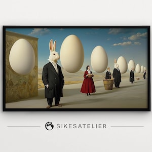 K&ouml;nnte beinhalten: Surrealistisches Gem&auml;lde einer Reihe von Personen, die in einer W&uuml;stenlandschaft gehen. Die Personen tragen Anz&uuml;ge und tragen K&ouml;rbe. Hinter ihnen schweben gro&szlig;e wei&szlig;e Eier in der Luft. Das Gem&auml;lde befindet sich in einem schwarzen Rahmen.