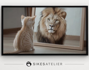 Frame TV art and desktop wallpaper of a kitten looking in the mirror and seeing a lion in the reflection. Digital download. Cat Digital art.