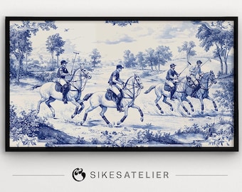 Arte de televisión FRAME y fondo de escritorio de un partido de polo de Toile azul. Arte digital chinoiserie de polo de Frame TV. Descarga digital.