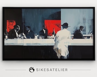 FRAME TV art and desktop wallpaper of men in a cafe, inspired by Edward Hopper. Digital download. Abstract, minimal digital art.