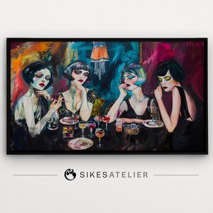 May include: A painting depicting four women in a dimly lit setting, wearing glamorous attire and seated around a table with drinks. The women are all looking down, and the painting has a vintage feel.