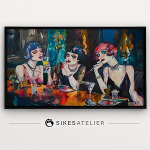 May include: A painting depicting three women in a dimly lit room, dressed in glamorous 1920s attire. They are seated at a table with drinks and cigarettes, creating a sophisticated and stylish scene.