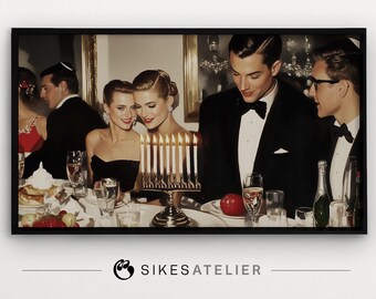 FRAME TV art and desktop wallpaper of a Hanukkah party with a menorah. Vintage retro Chanukah digital art. Jewish TV art.