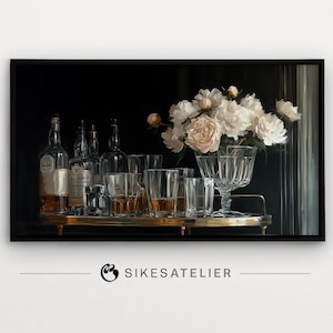 FRAME TV-kunst en bureaubladachtergrond van een barwagen met pioenrozen in Dark Academia-stijl. Digitale download. Barwagen, digitale bloemenkunst.
