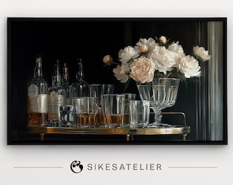 Dark Academia Bar Cart with Peonies: Frame TV Art, Desktop Wallpaper (Digital Download)