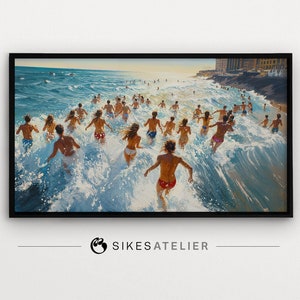 友人グループとビーチで過ごす楽しい夏の日の FRAME TV アートおよびデスクトップの壁紙。デジタル ダウンロード。沿岸、海のデジタル アート。