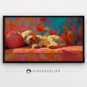 FRAME TV art e sfondo desktop di un cane Labradoodle. Download digitale. Arte digitale di un cane carino. Arte TV colorata, fauvista, floreale.
