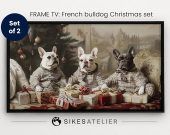 FRAME TV art and desktop wallpaper set of 2 of French Bulldogs celebrating Christmas. Digital download. Funny Christmas digital art.
