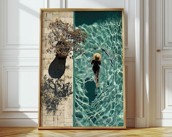 Elegant Woman Swimming Pool Art Print: Summer Resort Style (Digital Download