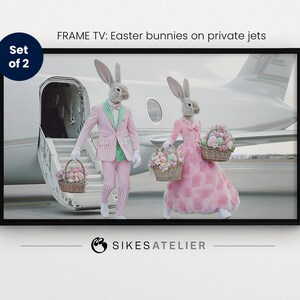 May include: Two Easter bunnies dressed in pink and white outfits are standing in front of a private jet. The bunny on the left is holding a basket of colourful eggs. The bunny on the right is holding a basket of flowers. The image is captioned "FRAME TV: Easter bunnies on private jets".