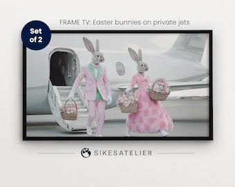 Conjunto de arte de televisión y fondo de pantalla de Pascua con dos conejitos en un jet privado. Descarga digital. Arte digital divertido de Pascua.
