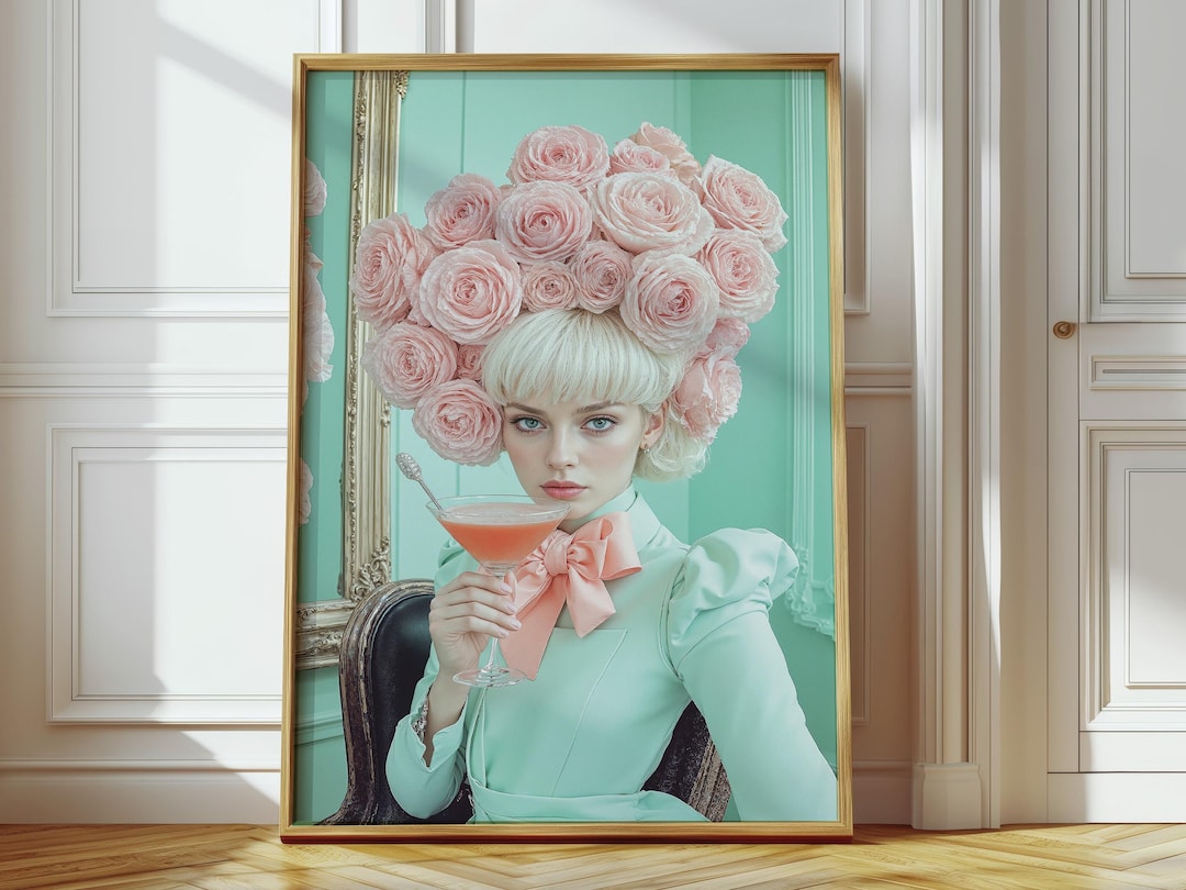 Rococo Woman With Pink Roses and Martini Art Print (digital Download ...