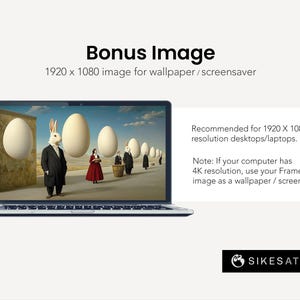 K&ouml;nnte beinhalten: Ein Laptop-Computer zeigt ein surrealistisches Bild eines wei&szlig;en Kaninchens im Anzug, das vor einer Wand mit gro&szlig;en wei&szlig;en Eiern steht. Das Bild wird f&uuml;r die Verwendung als Hintergrundbild oder Bildschirmschoner auf einem Desktop- oder Laptop-Computer mit einer Aufl&ouml;sung von 1920 x 1080 empfohlen.