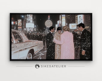 Arte de TV y fondo de escritorio de Nochevieja en formato FRAME en Times Square, Nueva York. Descarga digital. Arte digital retro vintage de fiesta de Nochevieja.