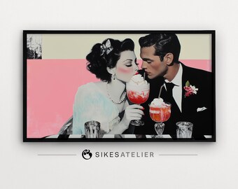 Frame TV art and desktop wallpaper of a vintage scene of a couple sipping ice cream sodas. Digital download. Cream soda aesthetic.