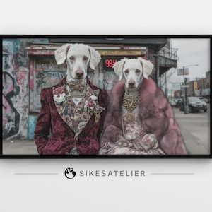 FRAME TV art e sfondo per il desktop con due cani eleganti e urbani in città. Download digitale. Divertente arte digitale di cani. Arte di un Labrador Labradoodle.