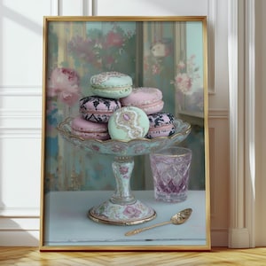 Macaron Dessert Tray Print: Rococo Coquette Kitchen Art (Digital Download