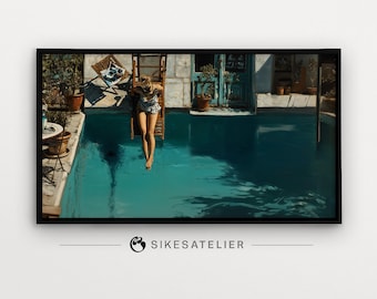 Frame TV Art und Desktop Hintergrundbild einer Frau, die sich am Pool eines Luxusresorts entspannt. Schicke sommerliche digitale Kunst. Minimalistische Fernsehkunst.