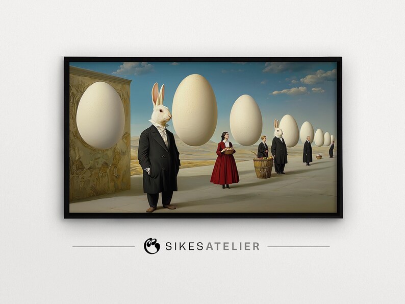 K&ouml;nnte beinhalten: Surrealistisches Gem&auml;lde einer Reihe von Personen, die in einer W&uuml;stenlandschaft gehen. Die Personen tragen Anz&uuml;ge und tragen K&ouml;rbe. Hinter ihnen schweben gro&szlig;e wei&szlig;e Eier in der Luft. Das Gem&auml;lde befindet sich in einem schwarzen Rahmen.