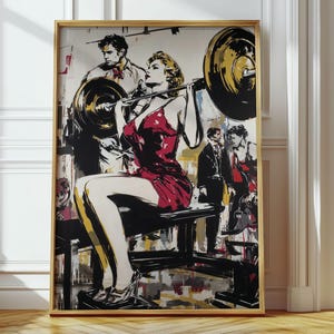 May include: A framed art print depicts a woman in a red dress lifting weights in a gym setting. The artwork features a bold, graphic style with black, white, and yellow accents. Other figures are in the background.