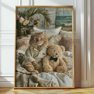 Orange Cat in Pajamas Art Print: Whimsical Preppy Wall Decor (Digital Download)