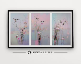FRAME TV art and desktop wallpaper triptych of a birds and flowers in Spring. Digital download. Minimalist bird digital art.