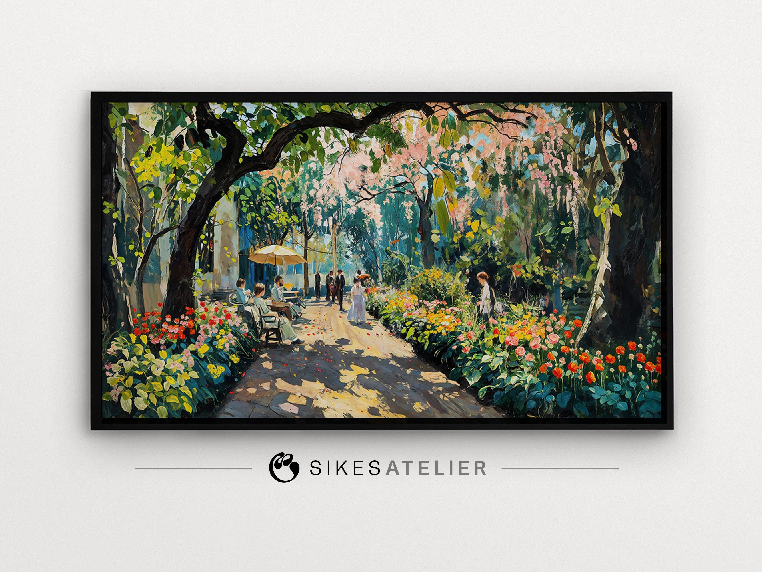 RAHMEN TV Bild und Desktop Hintergrundbild eines farbenfrohen Frühlingsgartens im impressionistischen Stil. Digitaler Download. Frühling, florale digitale Kunst.