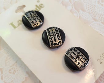 3 Black & Silver Fancy Vintage Buttons 5/8 Inch 16mm La Mode
