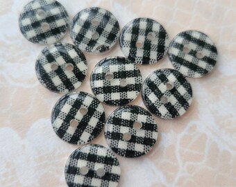 10 Black & White Gingham Buttons 1/2 Inch