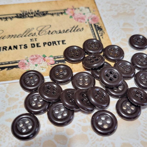 25 Polished Dark Chocolate Brown Vintage Buttons 1/2 Inch 4 Hole Buttons