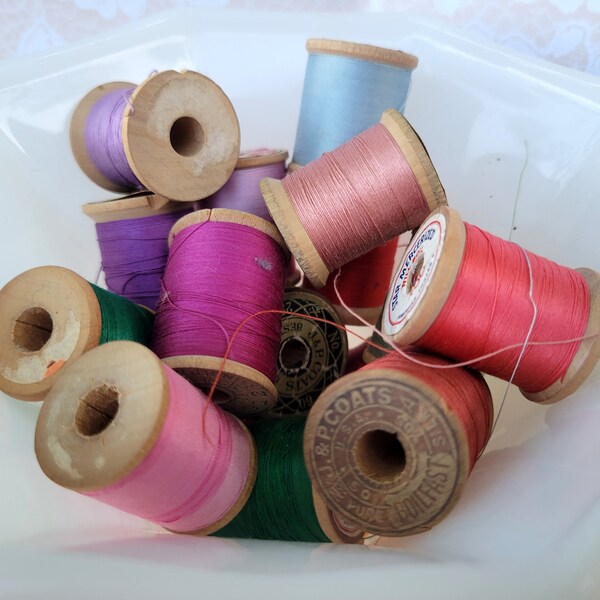 17 Vintage Wooden Spools with Thread Pink Purple Green Orange Tan Black