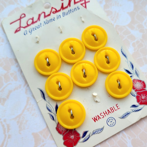 8 Yellow Vintage Buttons 9/16 Inch 15mm Lansing Button Card