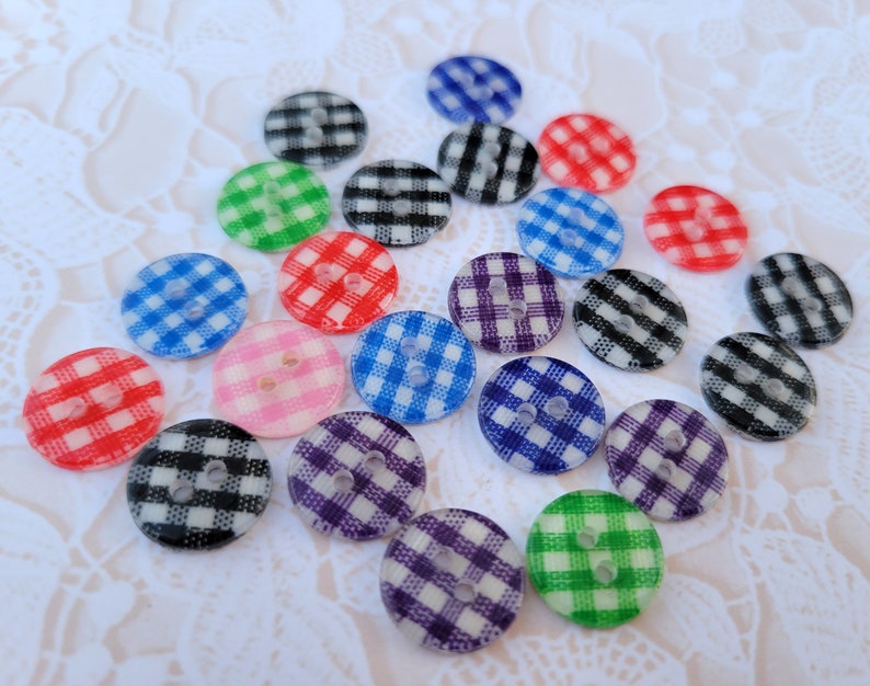 23 Gingham Buttons Red Black Blue Purple Green Pink 7/16 Inch 12mm image 4