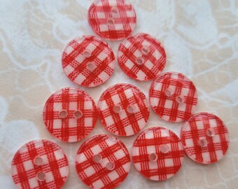 10 Red Gingham Buttons 1/2 Inch 12mm