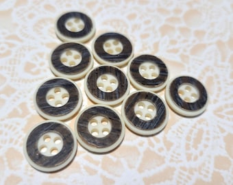 10 Cream and Dark Brown Vintage Buttons 4 Hole Buttons 1/2 Inch