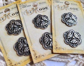 Vintage La Mode Silver Metal Buttons - Edwardian Style Flower Filigree Shank Buttons