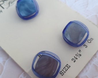 3 Blue Square Vintage Shank Buttons 9/16 Inch 13mm La Petite