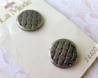 2 Silver Basketweave Vintage Shank Buttons 3/4 Inch 19mm La Mode Button Card