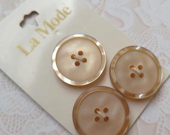 3 Tan 4 Hole Vintage Buttons 7/8 Inch 22mm La Mode