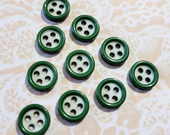 10 Small Green & White Vintage Buttons 4 Hole Sew Thru 5/16 Inch Buttons
