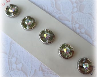 5 Silver Rhinestone Vintage Shank Buttons 1/2 Inch (13mm) Casa de Leon Button Card