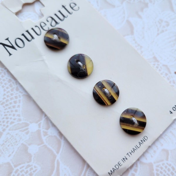 4 Brown & Gold Striped Vintage Buttons 3/8 Inch 10mm Nouveaute Button Card