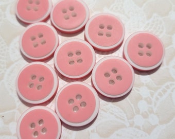 10 Pink 4 Hole Vintage Buttons 9/16 Inch Pink with White Rim